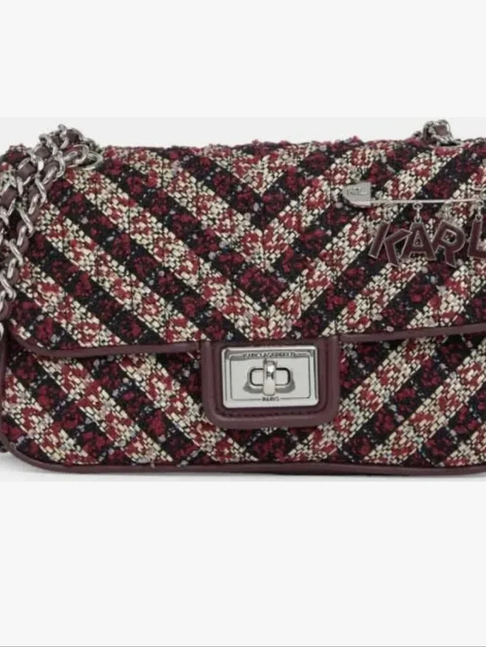 Karl Lagerfeld Burgundy Tweed Chain Shoulder Bag with Silver Hardware